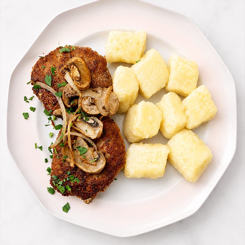 Two fried chopped steaks with mushrooms and onion, served with potato dumplings.